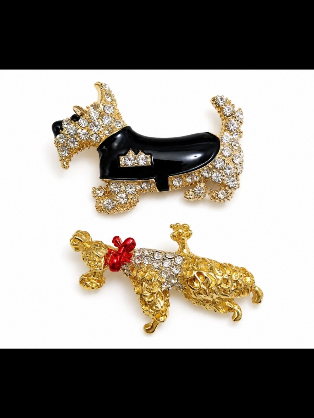 Vintage Dog Brooch Duo Rhinestone Scottie & Poodle Gold Tone Pin Set Whimsical